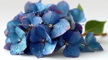 Beautiful blue hydrangea flowers with water droplets on petals in a serene setting during early morning photo