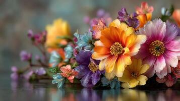 Vibrant bouquet of colorful flowers arranged elegantly on a reflective surface indoors photo