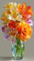 Vibrant bouquet featuring mixed flowers in a clear glass vase against a neutral backdrop photo