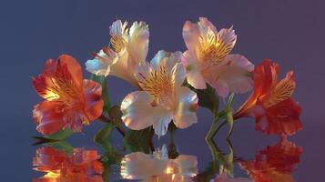 Colorful flowers reflect beautifully in calm water at sunset creating a serene and tranquil scene in nature photo