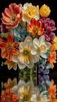 Colorful bouquet of spring flowers reflecting in water with droplets on petals captured in a well-lit setting photo