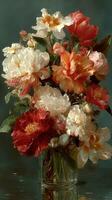 Colorful bouquet of peonies in a glass vase reflecting natural light indoors photo