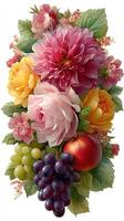 Vibrant floral and fruit arrangement showcasing nature's beauty in a colorful display photo