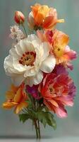Vibrant bouquet of peonies and poppies in mixed colors arranged artistically for a cheerful display photo