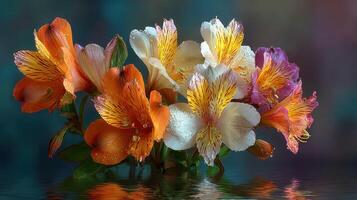 Vibrant alstroemeria flowers in various colors arranged elegantly with dewdrops reflecting light in a serene setting photo