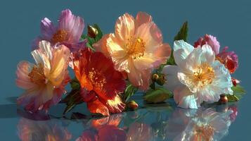 Bright and colorful flowers arranged beautifully on a reflective surface capturing the essence of spring and nature's beauty photo