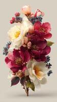 Colorful bouquet of flowers with various textures arranged artistically against a neutral backdrop photo