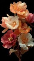 Beautifully crafted paper flowers in various colors displayed against a black background photo