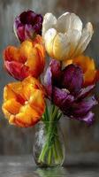 Colorful bouquet of tulips in a clear vase against a textured background showcasing floral beauty and freshness photo