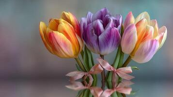 Beautiful bouquet of colorful tulips with ribbons arranged elegantly on a soft background during spring photo
