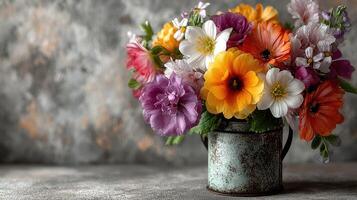 Colorful bouquet of fresh flowers in a rustic vase on a textured background photo