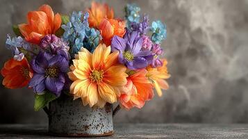 Colorful flower arrangement in a rustic vase on a textured background indoors photo