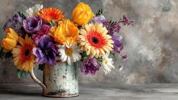 Brightly colored flower arrangement in a rustic vase on a textured background photo