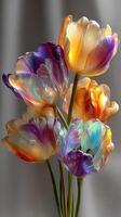 Colorful tulips arranged in a vibrant display on a neutral background during a bright afternoon photo