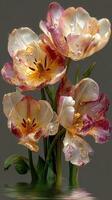 Vibrant tulips with droplets captured in a serene arrangement showcasing nature's beauty photo