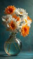 Bright orange and white daisies arranged elegantly in a clear glass vase with water on a soft blue background photo