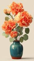 Beautiful bouquet of orange flowers in a teal vase with simple leaves on a light background photo