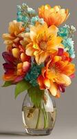 Vibrant bouquet of orange and blue flowers arranged in a glass vase on a neutral background photo