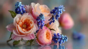 Beautiful arrangement of roses and blue flowers with raindrops reflecting light in a serene indoor setting photo