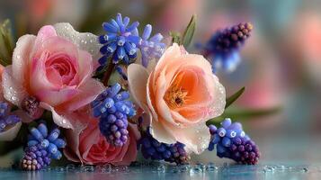 Colorful arrangement of fresh roses and blue flowers with droplets in a serene indoor setting photo