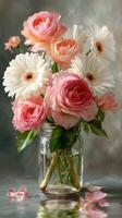 Beautiful arrangement of pink and white flowers in a glass jar showcasing nature's elegance photo