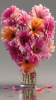 Colorful heart-shaped arrangement of pink and orange flowers in a clear glass vase on a simple background photo