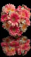 Heart-shaped arrangement of vibrant pink and peach flowers reflecting beautifully in still water at night photo