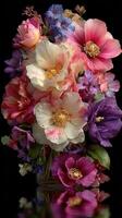 Colorful floral arrangement featuring peonies and wildflowers displayed in a glass vase photo