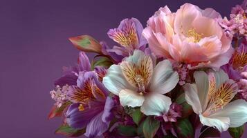 Colorful bouquet of flowers arranged artistically against a soft purple background photo
