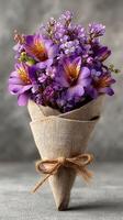 Beautiful purple flower bouquet wrapped in burlap with a twine bow displayed on a textured gray background photo