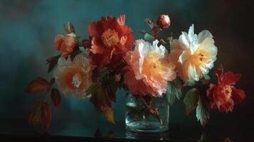 Beautiful display of peonies arranged in a clear vase with soft lighting and contrasting background tones photo