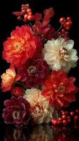 Colorful floral arrangement with assorted blossoms and foliage on a black background during a creative display photo