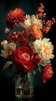 Vibrant bouquet of red and white peonies in a glass vase against a dark background photo