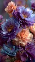 Vibrant collection of flowers showcasing purple and peach blossoms in a soft, blurred background photo