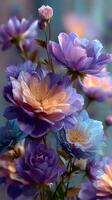 Colorful flowers in full bloom showcasing shades of purple and blue in a serene indoor setting photo
