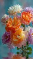 Vibrant bouquet of blooming flowers with various colors reflecting in serene water photo