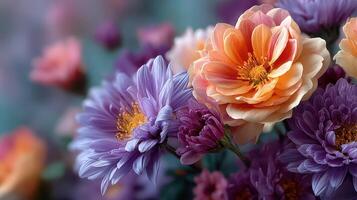 Colorful garden blooms in soft focus showcase a variety of flowers during springtime photo