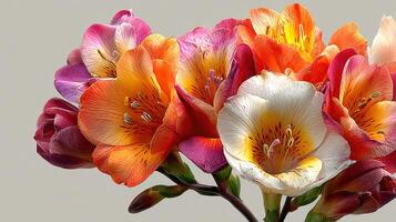 Colorful bouquet of flowers with vibrant hues displayed against a neutral backdrop photo