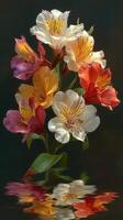 Vibrant bouquet of colorful flowers reflecting in still water in a serene setting photo