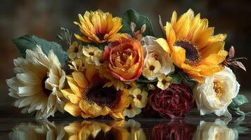 Bright and vibrant floral arrangement showcasing sunflowers, roses, and other blooms on a reflective surface photo