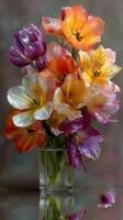 Vibrant bouquet of mixed tulips in a clear glass vase illuminated by soft light photo