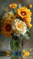 Vibrant floral arrangement featuring sunflowers and roses in a glass vase on a reflective surface photo