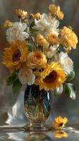 Bright and vibrant bouquet of sunflowers and roses in a decorative vase captured in soft light photo