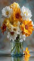 Bright bouquet of white and orange flowers in a glass vase against a soft background photo