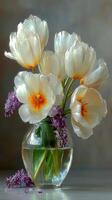 Beautiful arrangement of white tulips and purple flowers in a clear vase on a soft background photo