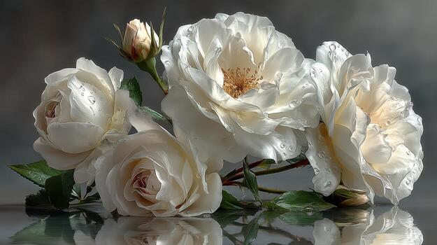 Beautiful white roses with water droplets displayed elegantly on a reflective surface at a soft light setting photo