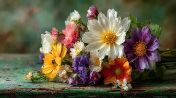 Vibrant bouquet of assorted wildflowers on rustic wooden table in soft lighting during spring photo