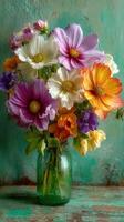 Vibrant bouquet of seasonal flowers in a glass vase against a textured teal background photo