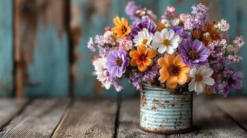Colorful flower arrangement in a rustic vase resting on a weathered wooden surface photo