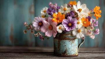 Colorful wildflower arrangement in rustic tin container brightens a wooden table setting photo